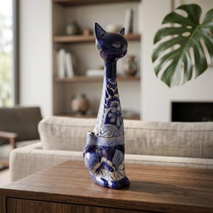 Tall Talavera Cat Statue | Handmade Blue & White Ceramic Figurine