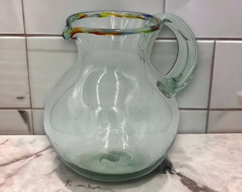 Colorful Mexican Hand Blown Glass Pitcher | Festive Confetti Rim