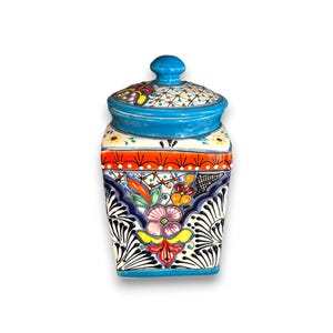 Set of 3 Light Blue Talavera Canister Set | Handmade Mexican Pottery from Puebla - single hand-painted Talavera canister with blue lid