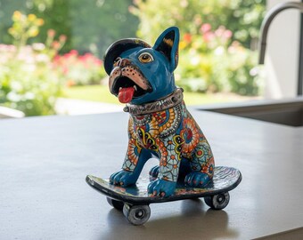 タラベラ・フレンチブルドッグ像｜カラフルなスケートボードをするブルドッグのアート