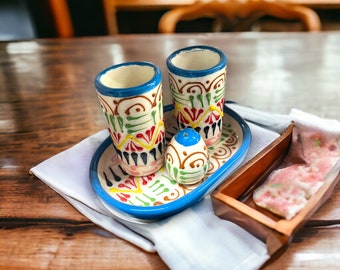 Authentic Mexican Talavera Tequila Shot Glasses Set | Handcrafted Set of 2 Shots and Salt Shaker