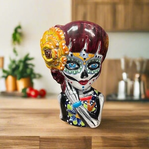 Vaso de cerâmica em forma de caveira, estilo Talavera, para o Dia dos Mortos | Vaso artesanal em cerâmica