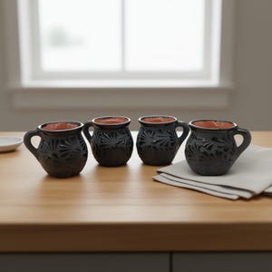 Set of 4 Black Talavera Clay Jarritos Set | Handmade Mexican Mugs