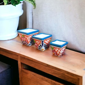 Set of 3 Colorful Hand-Painted Talavera Flower Pots | Mexican Square Planter Set