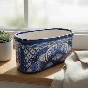 Ovaler Talavera-Pflanztopf in Blau und Weiß | Mexikanischer Keramiktopf