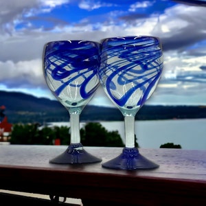 Blue Wine Glasses Set of Two, Vintage Clear Blue Glass Stemware