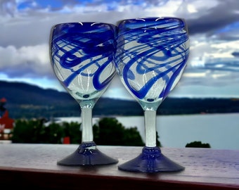 Set of 2 Artisan Hand Blown Mexican Wine Glasses | Elegant Blue Swirl Glass Goblets