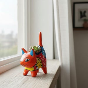 Kleurrijke Talavera kattenbloempot | Mexicaanse keramische kunst