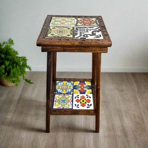 Table de bout carrée Talavera en carrelage | Table d'appoint en bois du Mexique faite main