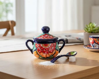 Zuccheriera colorata in ceramica Talavera con cucchiaino / Arte ceramica messicana
