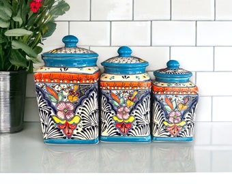 Set of 3 Light Blue Talavera Canister Set | Handmade Mexican Pottery from Puebla