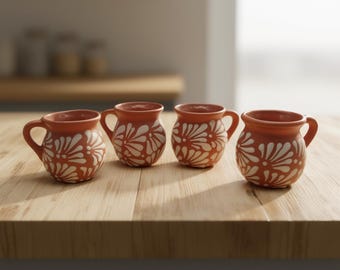 Set of 4 Mexican Clay Jarrito Mug | Handmade Brown Pottery Cup