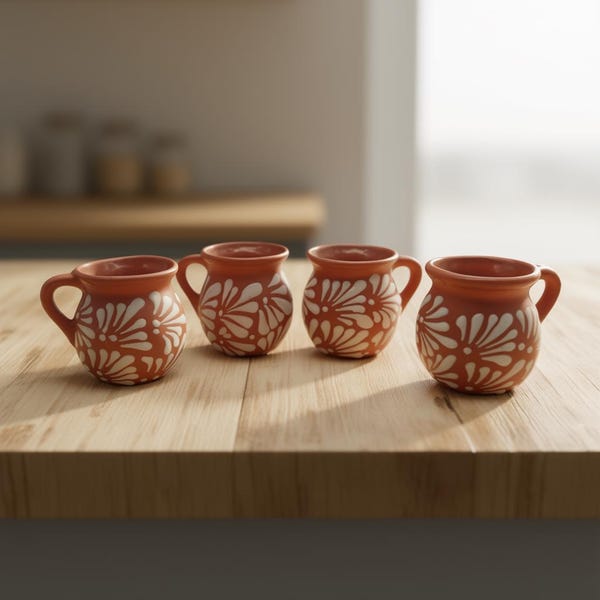 メキシコの粘土製ジャリトマグカップ4個セット｜手作りの茶色の陶器カップ