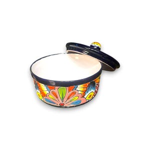 Talavera Tortilla Warmer | Hand-Painted Mexican Ceramic Dish - round hand-painted Talavera ceramic warmer with cobalt rim and colorful floral pattern