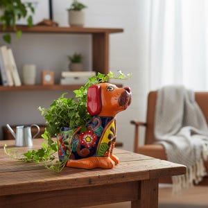 Maceta mexicana hecha a mano con forma de perro / Maceta de Talavera con forma de perro