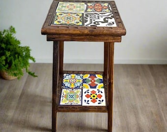 Square Talavera Tile End Table | Handmade Mexican Wood Accent Table