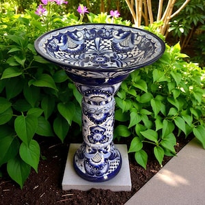 Blue & White Talavera Bird Bath | Mexican Garden Art