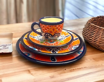 Vibrant 4-Piece Talavera Dinnerware Set | Colorful Mexican Handcrafted Plates (Seats 1)