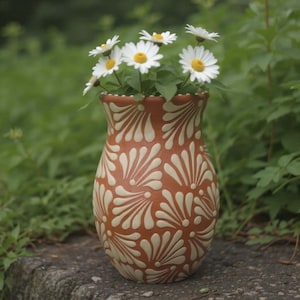 茶色と白のタラベラ模様のレリーフ花瓶｜手描き陶器