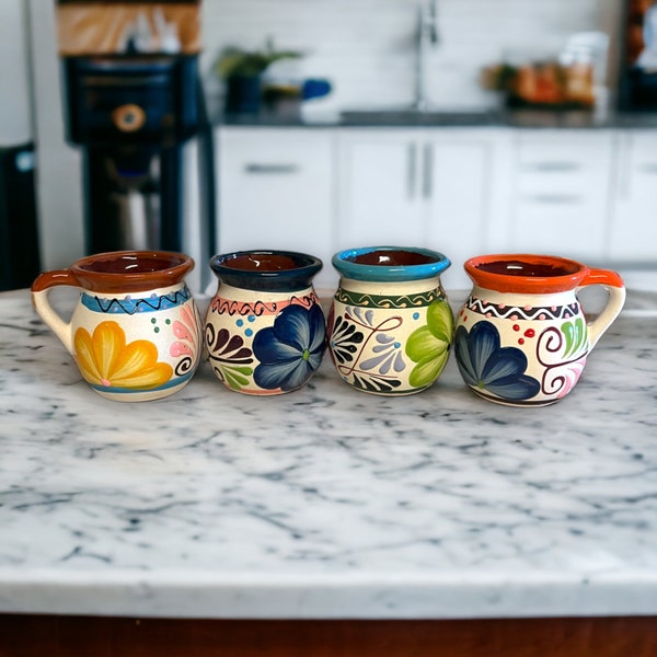 Set of 4 Handmade Talavera Clay Jarritos | Mexican Ceramic Mugs