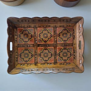 Handcrafted Talavera Tile Serving Tray | Mexican Wooden Tray with six orange and yellow floral Talavera tiles, scalloped carved wooden handles
