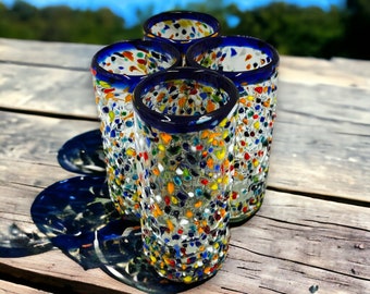 Vibrant Set of 4 Hand Blown Mexican Drinking Glasses | Colorful Confetti Pebbled Tumblers