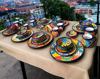 Handmade Mexican Talavera Dinnerware Set | 43-Piece Tableware Collection (Seats 8) Floral Patterns
