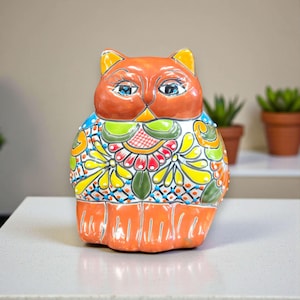 Colorful Talavera Cat Planter | Mexican Ceramic Art