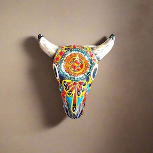 Decoración de pared con cráneo de toro de Talavera / Arte mexicano de cuernos largos hecho a mano