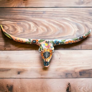 Talavera Texas Longhorn Bull Skull - Handmade Terracotta Mexican Wall Art 38&quot;x18&quot;