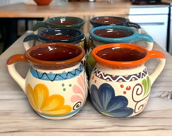 Set of 6 Handmade Mexico Mugs | Colorful Talavera Clay Jarritos