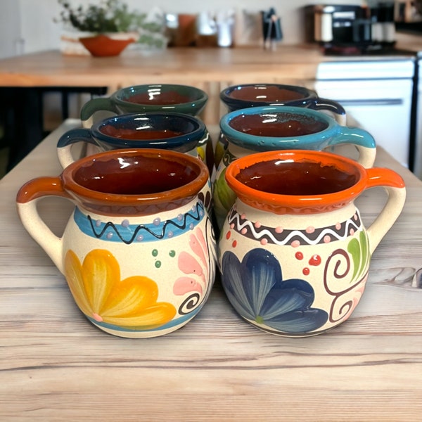 Set of 6 Handmade Mexico Mugs | Colorful Talavera Clay Jarritos