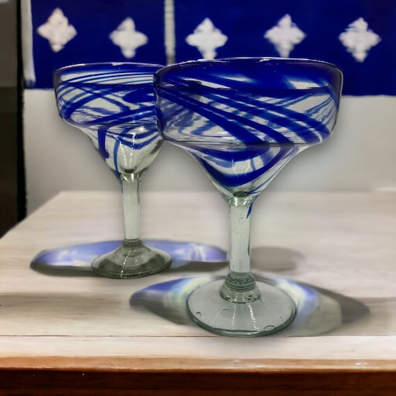 Set of 6 Hand-blown Mexican Margarita Glasses Blue Swirl 12 Oz 