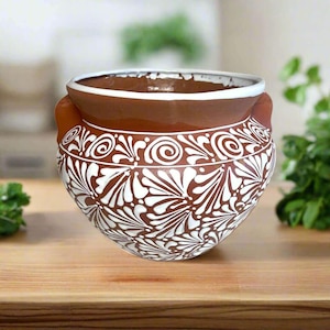 Maceta de terracota Talavera / Maceta mexicana marrón y blanca