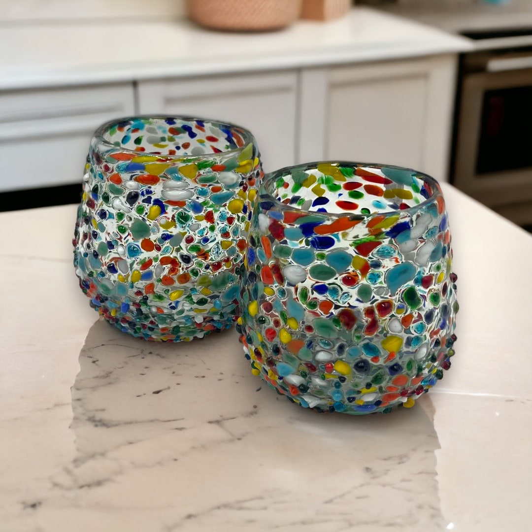 Set of 6 Hand Blown Confetti Rock Design Stemless Wine Glasses Etsy