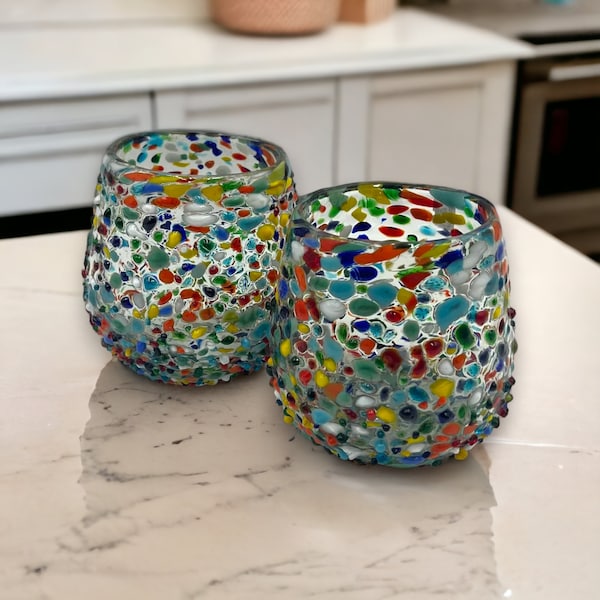 Set of 6 Hand Blown Confetti Rock Design Stemless Wine Glasses (12 oz) | Unique Glassware