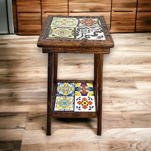 Customizable Mexican End Table | Talavera Tile Wood Side Table