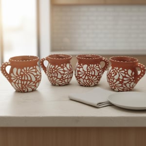 Ensemble de 4 jarritos en argile brune Talavera | Mugs mexicains faits main