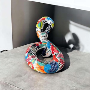 White Talavera Snake Statue | Hand-Painted Mexican Decor