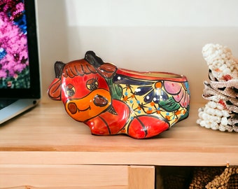Vibrant Talavera Cow Planter | Mexican Hand-Painted Ceramic Art (Medium)