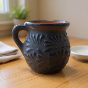 Schwarzer Talavera Jarrito Becher | Handgefertigte mexikanische Ton-Kaffeetasse