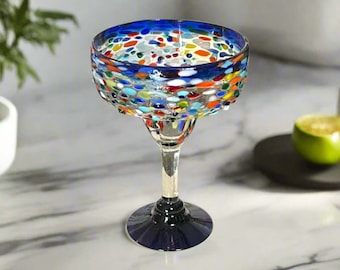 Mexican Hand-Blown Margarita Glass | Blue Confetti Rock Design