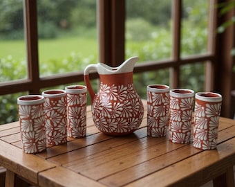 Handcrafted Talavera Pitcher Set With 6 Cups and Metal Stand