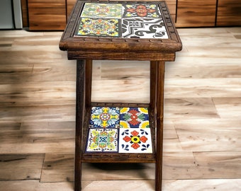 Handmade Mexican Accent End Table | Talavera Tiles, Wood Side Table