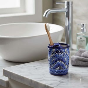 Hand-Painted Talavera Toothbrush Holder | Blue & White Ceramic