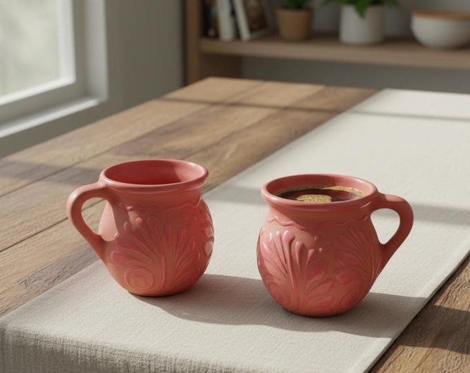 Set of 2 Mexican Talavera Mugs | Handcrafted Pink Artisan Clay Jarritos