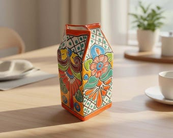 Cartón de leche pintado a mano de Talavera / Envase mexicano colorido