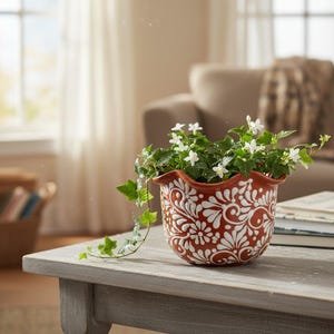 Bruin-witte Talavera plantenpot | Handgemaakte pot met golvende rand