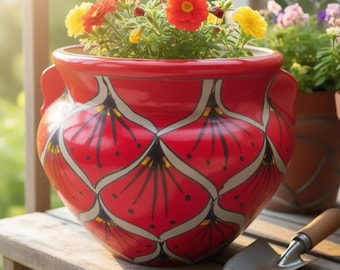 Red Peacock Talavera Planter | Hand-Painted Mexican Pot