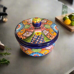 Talavera Tortilla Warmer | Hand-Painted Mexican Ceramic Dish with vibrant cobalt rim and colorful hand-painted Talavera patterns